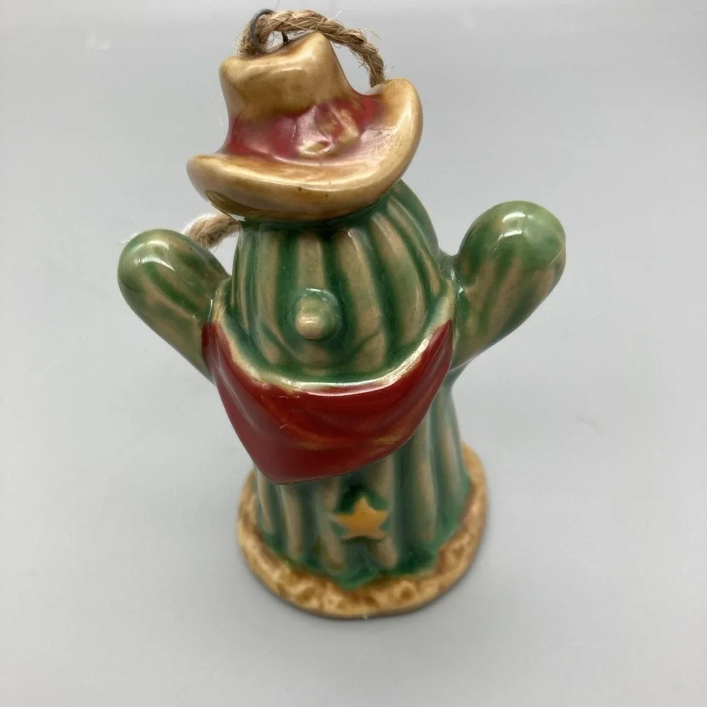Set Of 2 Cowboy Saguaro Cactus Ceramic Ornaments Bandana Hat Western Fun